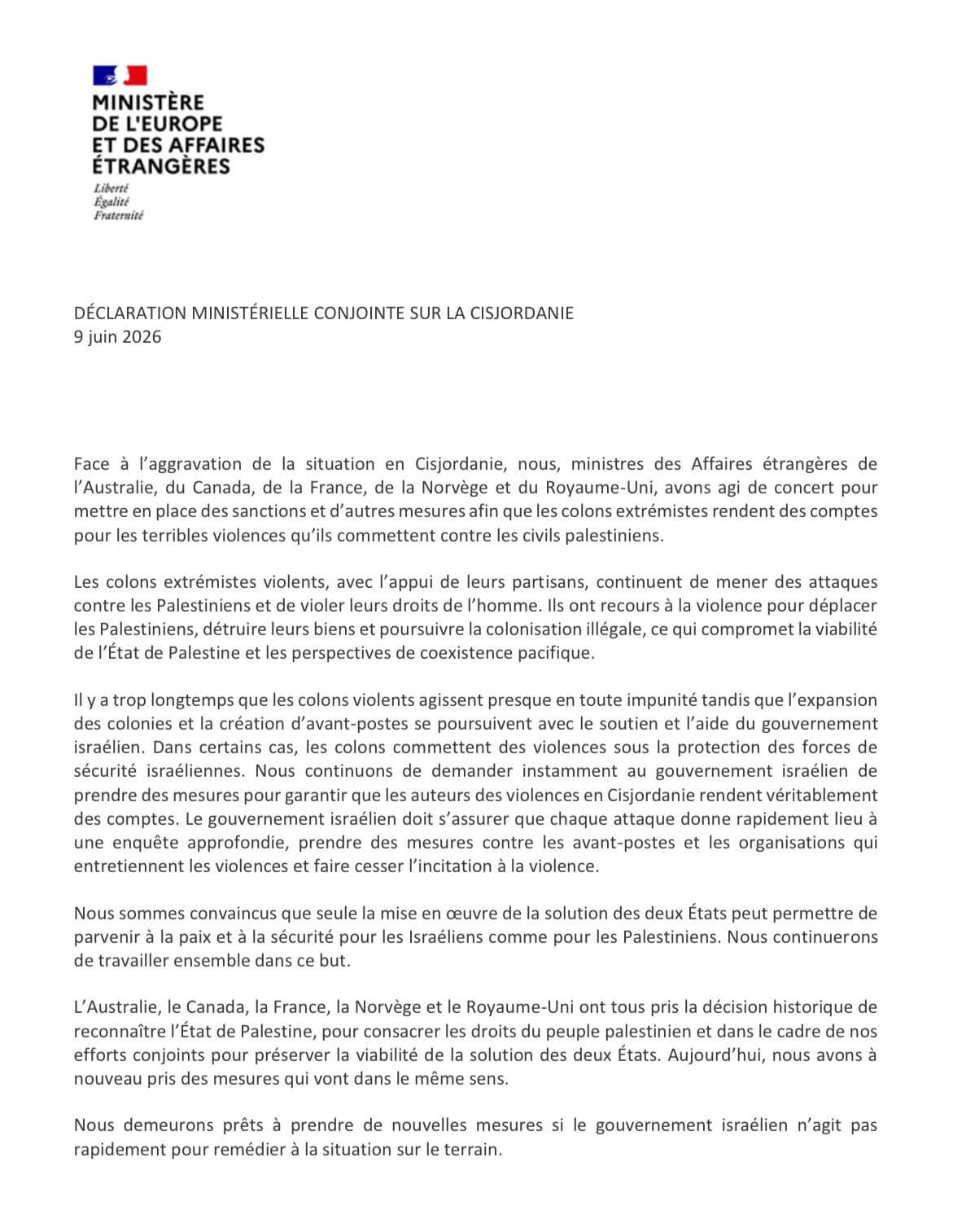 Cisjordanie : La France et plusieurs pays occident